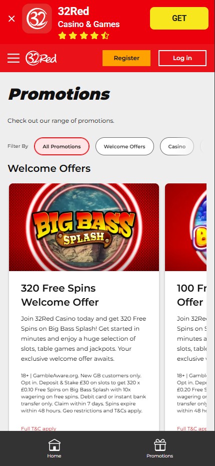 32Red Casino mobile lobby
